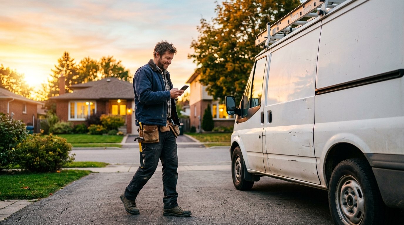 A contractor checking an enquiry beside a work van